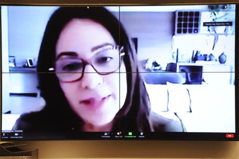 Deputa Rejane Dias participa de videoconferência. Ela usa óculos e fala olhando para a câmera do computador