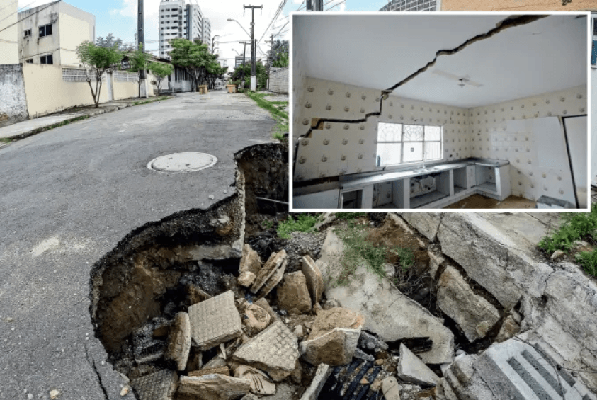 Cratera rua em bairro afetado pela mineração da Braskem