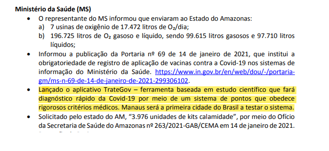 Trecho de ata do Centro de Coordenação das Operações do Comitê de Crise da Covid-19 mostra Ministério da Saúde falando o lançamento do aplicativo TrateCov