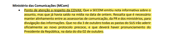 Trecho de ata do Centro de Coordenação das Operações do Comitê de Crise da Covid-19 mostra Ministério das Comunicações falando sobre protocolo de tratamento precoce