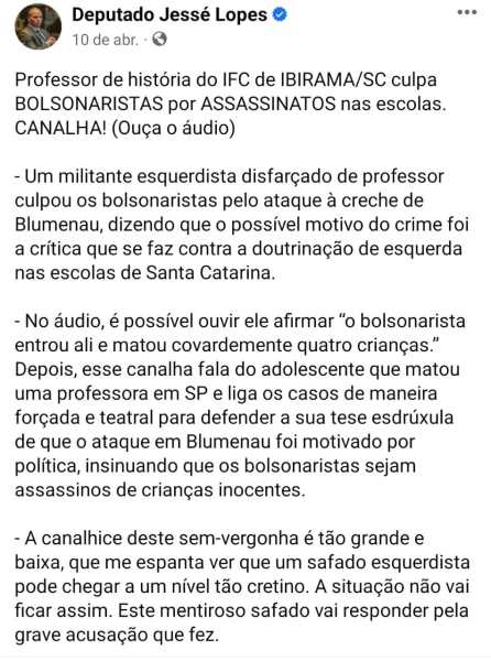 Print de publicação do Facebook do deputado Jessé Lopes com ofensas contra o professor Bartel.