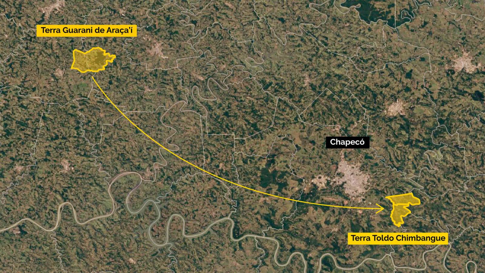 Mapa mostra distância entre a terra indígena Guarani de Araça'Í e a terra indígena Toldo Chimbangue