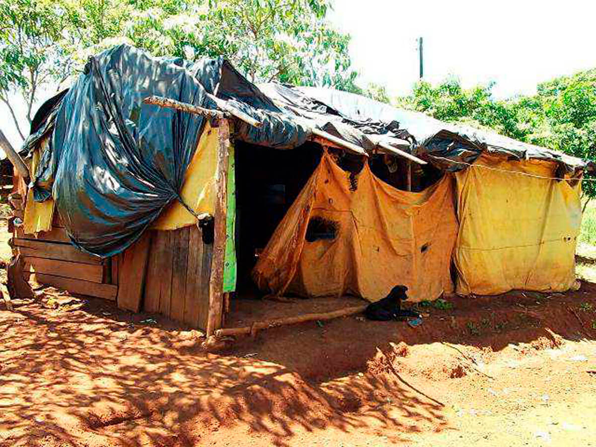 Imagem mostra moradia precária dos Guarani de Araça'í, afetados pela tese do marco temporal que os expulsou de seu território originário
