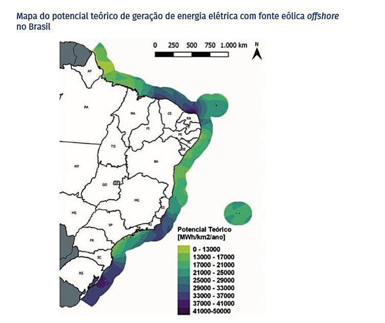 Mapa do potencial teórico de geração de energia elétrica com fonte eólica offshore no Brasil. Geração eólica no mar pode acelerar transição energética no Brasil. Fonte: CNI