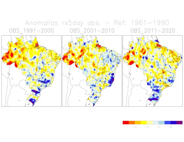 Mapa do Inpe mostra evolução da ocorrência da maior quantidade de chuva no período de cinco dias; na região Sul, esse índice passou de 140 mm entre 1961e 1990 para 160 mm entre 2011 e 2020