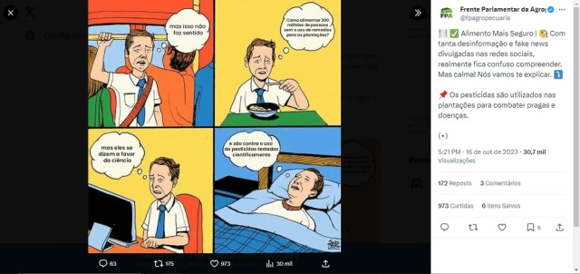 Publicação da FPA no Twitter afirma que os pesticidas são alvos de negacionismo e desinformação
