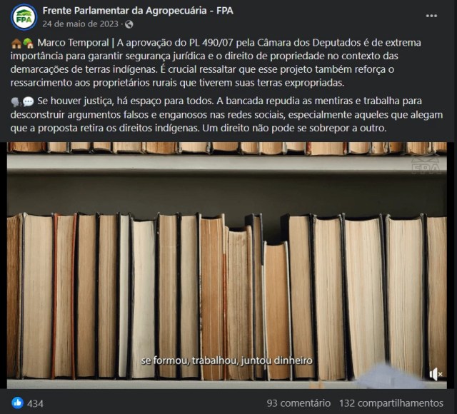 Reprodução de anúncio no Facebook da Frente Parlamentar Agropecuária-FPA