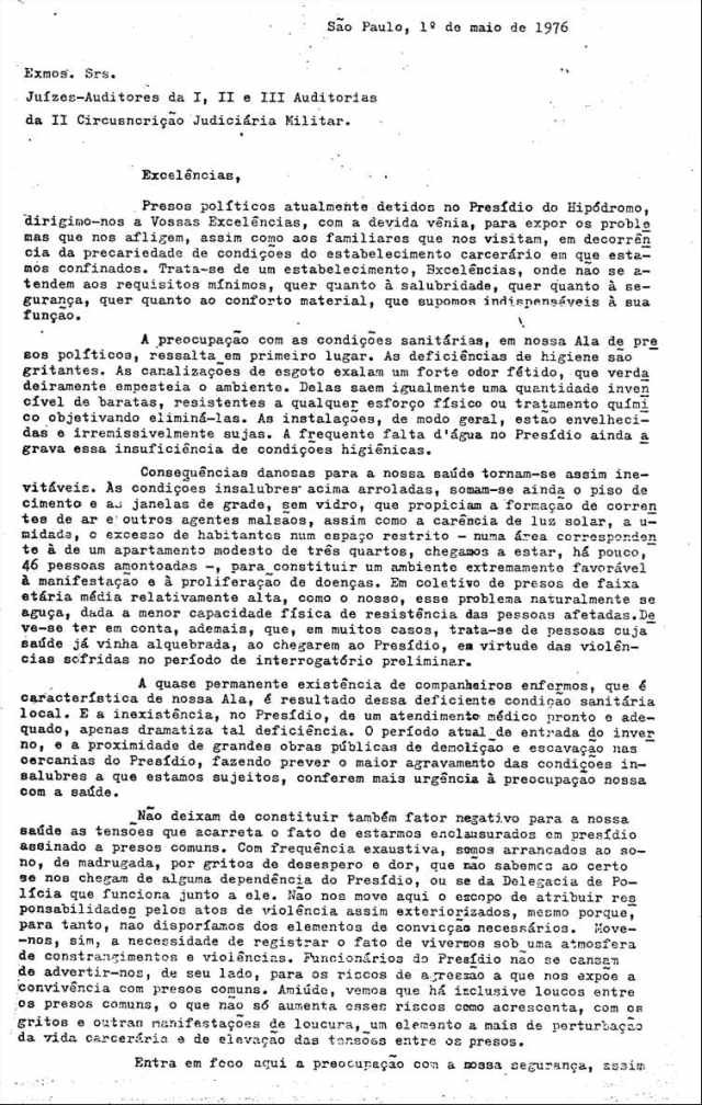 Carta de presos políticos da ditadura denunciando condições degradantes