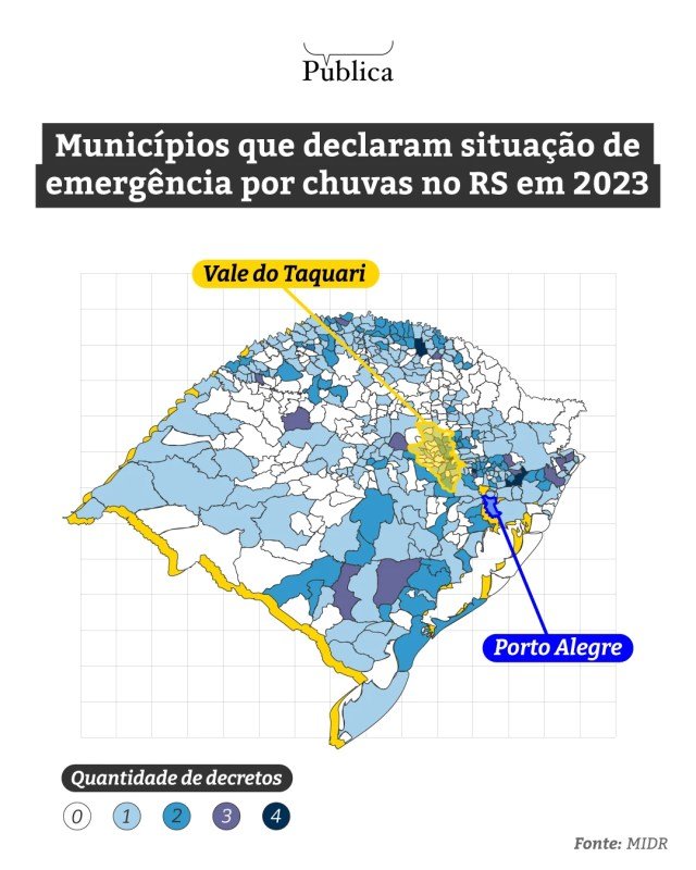 Infográfico mostra municípios que declararam situação de emergência por chuvas no RS em 2023
