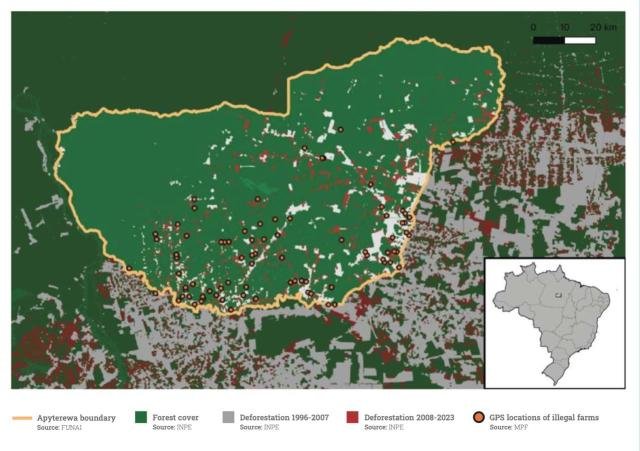 Mapa mostra as fazendas ilegais já conhecidas na Terra Indígena Apyterewa, bem como a cobertura florestal local e as manchas do que já foi desmatado entre 1996 e 2023.