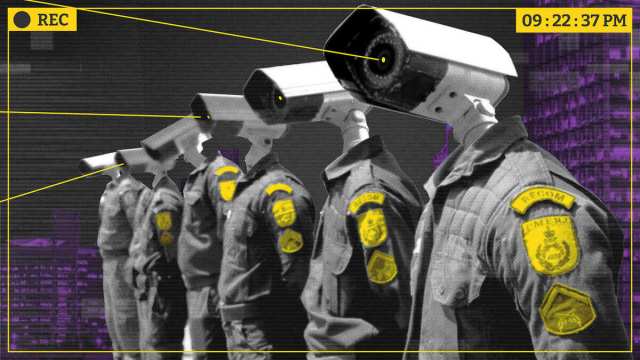 Ilustração mostra câmeras de reconhecimento facial no lugar da cabeça de policiais