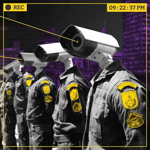 Ilustração mostra câmeras de reconhecimento facial no lugar da cabeça de policiais