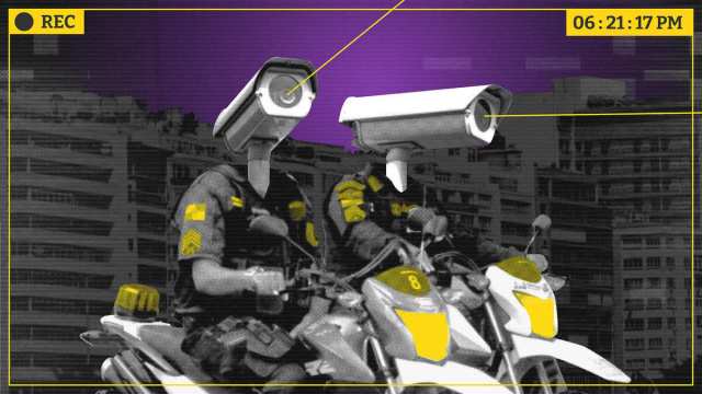 Ilustração mostra câmeras de reconhecimento facial no lugar da cabeça de policiais