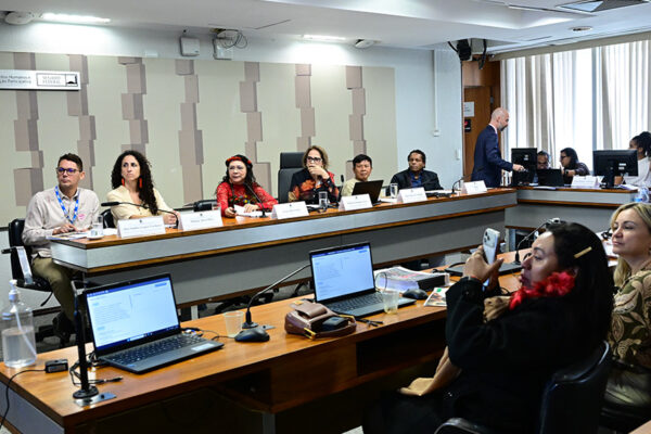 Mesa: coordenador-geral de Equidade Étnico-Racial e Combate às Discriminações, do Departamento de Proteção Social Básica do Ministério do Desenvolvimento e Assistência Social, Família e Combate à Fome, Alex Sandro Lopes Cordeiro; coordenadora-geral de Relação do SUAS com os Sistemas de Justiça e Garantia de Direitos - Ministério do Desenvolvimento e Assistência Social, Família e Combate à Fome, Mônica Alves Silva; presidente da Fundação Nacional dos Povos Indígenas (Funai), Lúcia Alberta Baré; presidente da CDHYANOM, senadora Damares Alves (Republicanos-DF); presidente da YPASSALI Associação Sanuma, Mateus Ricardo Sanuma; tradutor Mimika.